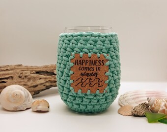 Crochet Stemless Wine Glass Cozy in Aqua with a Happiness comes in waves Vegan Leather Patch