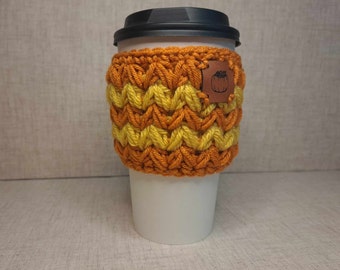 Crochet Coffee Sleeve Cozy With Pumpkin Faux Leather Patch