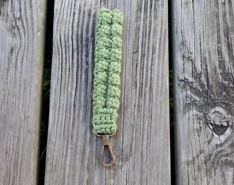 Boho Style Crochet Wristlet for keys and such in Sage Green