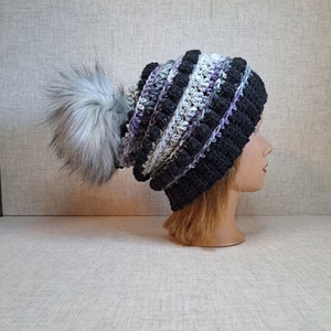 Ladies Crochet Beanie hat in charcoal, Purple, and greys with a Detachable Pom Pom image 1