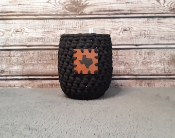 Crochet Stemless Wine Glass Cozy in black with Texas Vegan Leather Patch