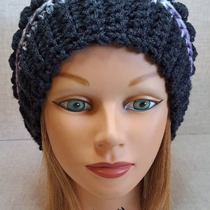 Ladies Crochet Beanie hat in charcoal, Purple, and greys with a Detachable Pom Pom image 2