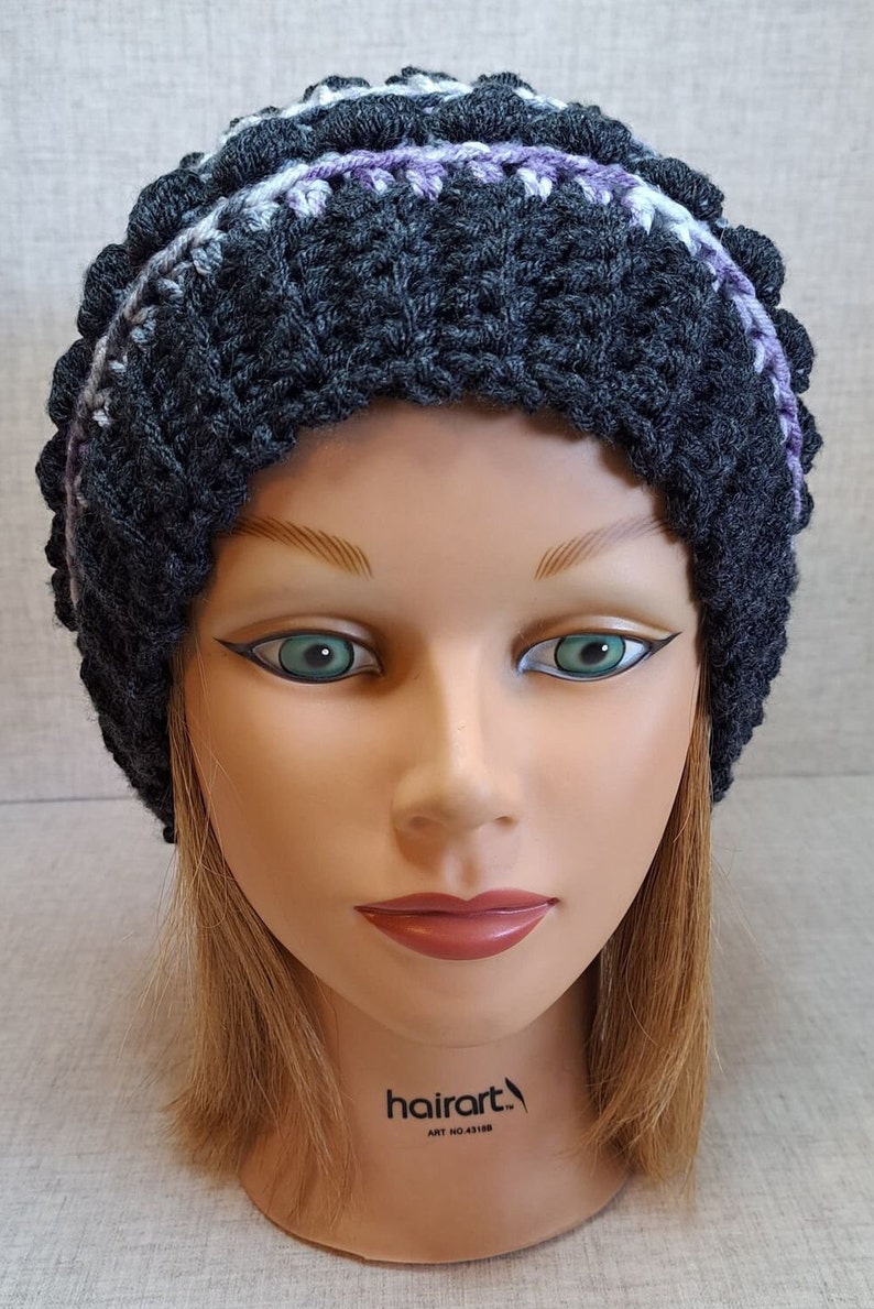 Ladies Crochet Beanie hat in charcoal, Purple, and greys with a Detachable Pom Pom image 2