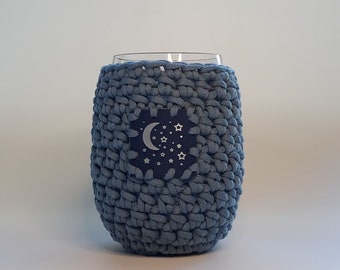 Crochet Stemless Wine Glass Cozy in steel blue with Moons and Stars Navy Vegan  Leather Patch