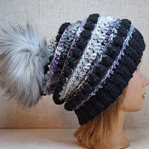 Ladies Crochet Beanie hat in charcoal, Purple, and greys with a Detachable Pom Pom image 6