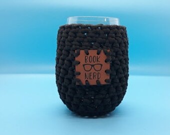 Crochet Stemless Wine Glass Cozy in black with Book Nerd Vegan Leather Patch