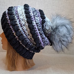 Ladies Crochet Beanie hat in charcoal, Purple, and greys with a Detachable Pom Pom image 5