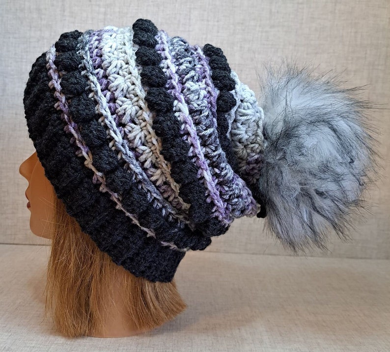 Ladies Crochet Beanie hat in charcoal, Purple, and greys with a Detachable Pom Pom image 5