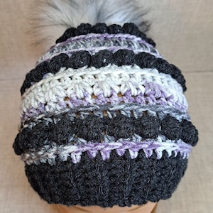 Ladies Crochet Beanie hat in charcoal, Purple, and greys with a Detachable Pom Pom image 4