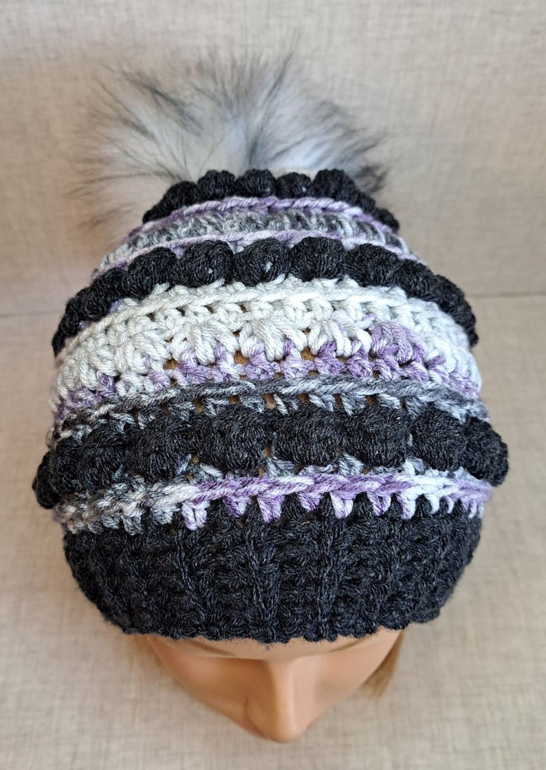 Ladies Crochet Beanie hat in charcoal, Purple, and greys with a Detachable Pom Pom image 4