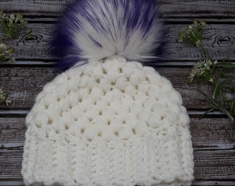 White Crochet Baby Hat with Purple and White  Faux Fur Pom Pom