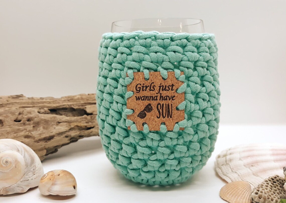 Crochet Stemless Wine Glass Cozy in Aqua With a Girls Just Etsy