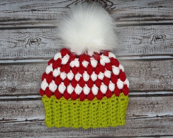 Green, Red, White  Christmas Baby Claire Crochet Baby Hat with white  Faux Fur Pom Pom