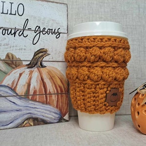 Crochet Coffee Sleeve Cozy with Faux leather Pumpkin Patch