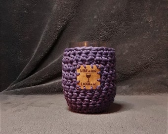 Wine a little Laugh a lot Crochet Stemless Wine Glass Cozy in Purple with a Vegan Leather Patch