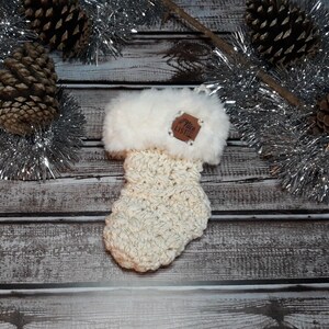 White and Gold Nice List Crochet Mini stocking with white fur trim Gift Card Ornament image 1