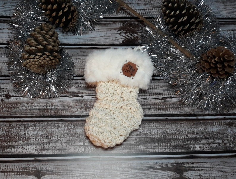 White and Gold Nice List Crochet Mini stocking with white fur trim Gift Card Ornament image 1