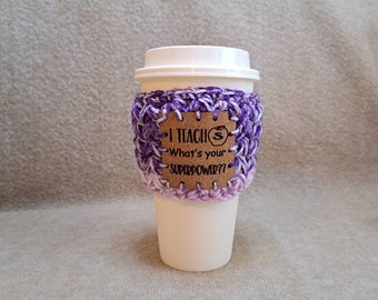 Crochet Coffee Sleeve Cosy I Teach What's Your Superpower in Violet Stripes