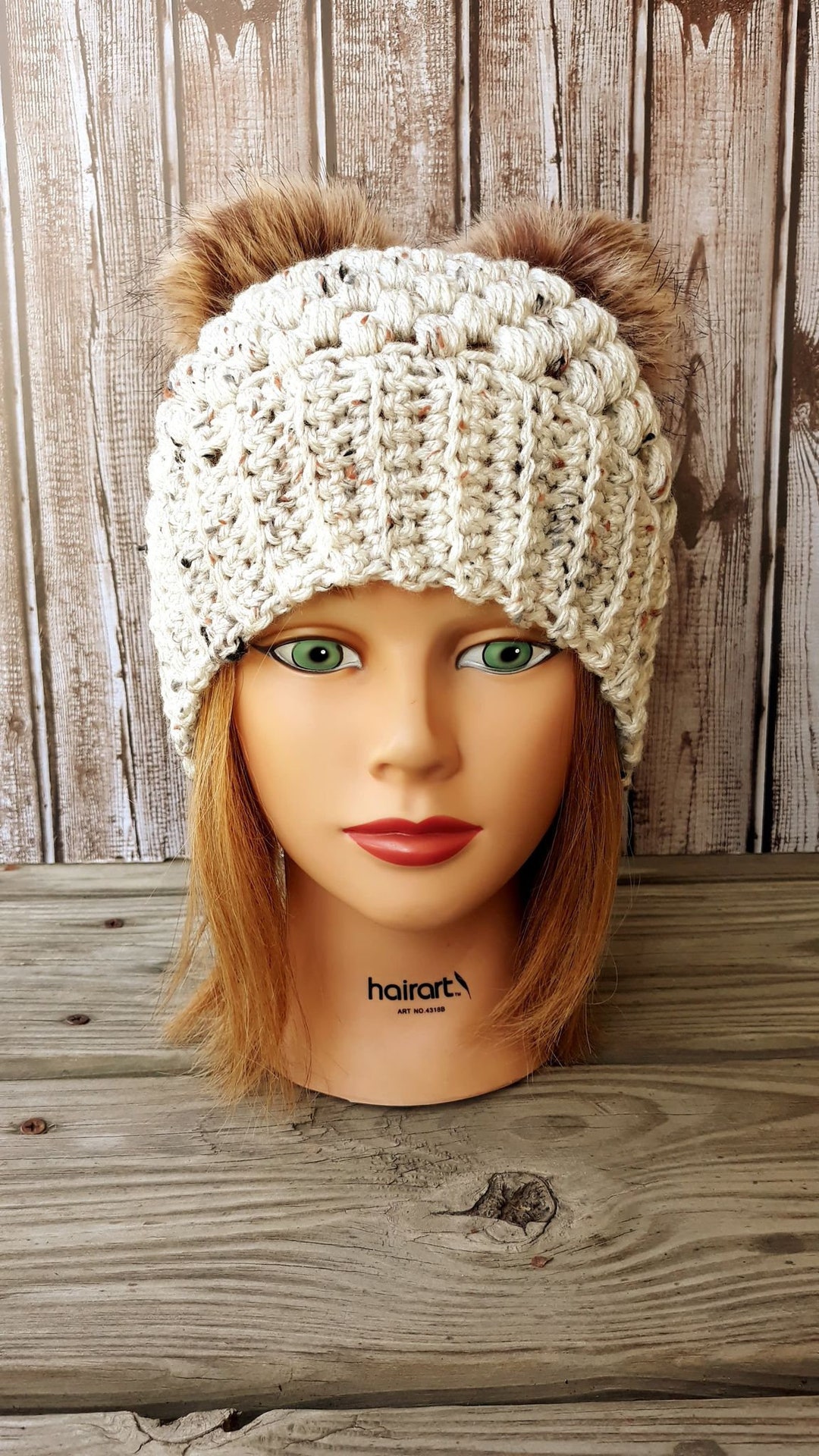 Ladies Crochet Hat in Ivory Tweed With Two Brown Poms Etsy