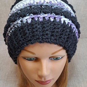 Ladies Crochet Beanie hat in charcoal, Purple, and greys with a Detachable Pom Pom image 3