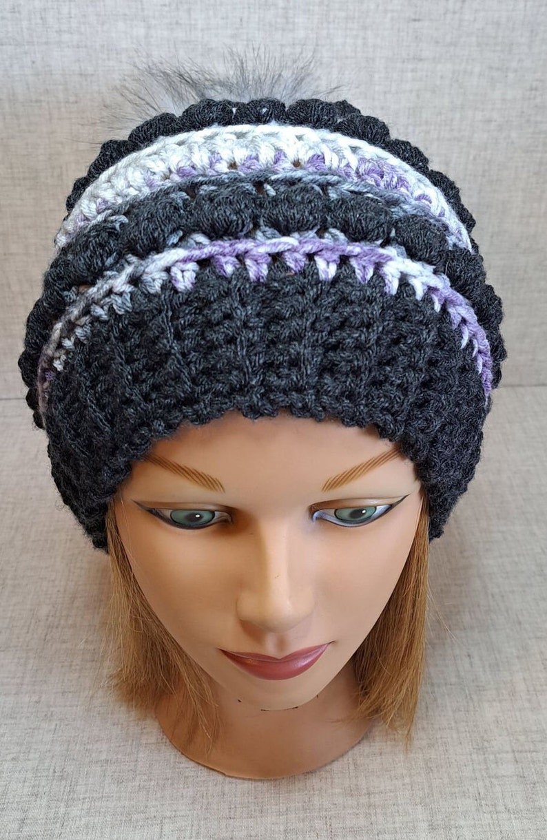 Ladies Crochet Beanie hat in charcoal, Purple, and greys with a Detachable Pom Pom image 3