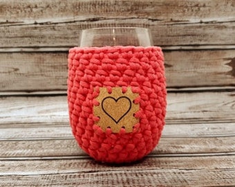 Crochet Stemless Wine Glass Cozy in Red with a Heart Cork Patch