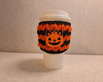 Crochet Coffee Sleeve Cozy in Black and Orange  with a Kitty Pumpkin Feltie Patch