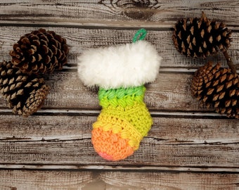 Retro Stripe Multi colored Crochet Small Mini stocking with white faux fur trim Gift Card Ornament