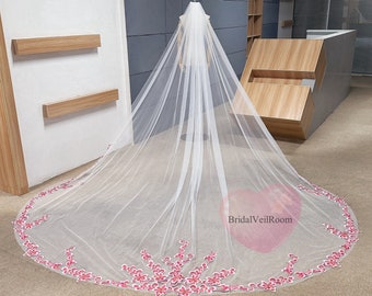 Nouveau voile de paillettes d'or de fleur rose, église de voile de mariée blanc/ivoire vintage, voile de mariage personnalisé de conception unique, voile de peigne de tulle doux d'un étage