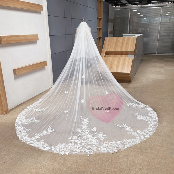 Elegant 3D Flowers 2T Wedding Veil, Ivory Dreamy Lace Flower Leaf Veil, Soft Bridal Veil with Comb, Chapel Cathedral Elbow Veil, Custom Made