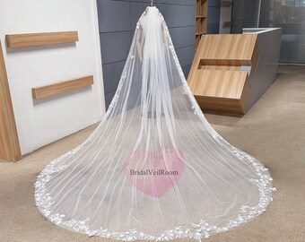 Velo da sposa fresco e squisito con bordi in pizzo, piccoli fiori 3D con velo da sposa di perle, velo da sposa in tulle morbido avorio/bianco 118'', velo da sposa con finiture in pizzo