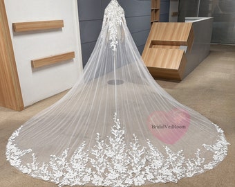 Velo floreale di pizzo sognante personalizzato, velo floreale di classe avorio reale, morbido velo da sposa in tulle punta delle dita della cattedrale, velo da sposa 1T con pettine