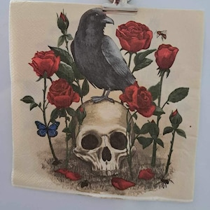 Tovaglioli di carta, set da 4, tema Halloween con teschio, corvo e rose rosse, ideali per decoupage con mod podge
