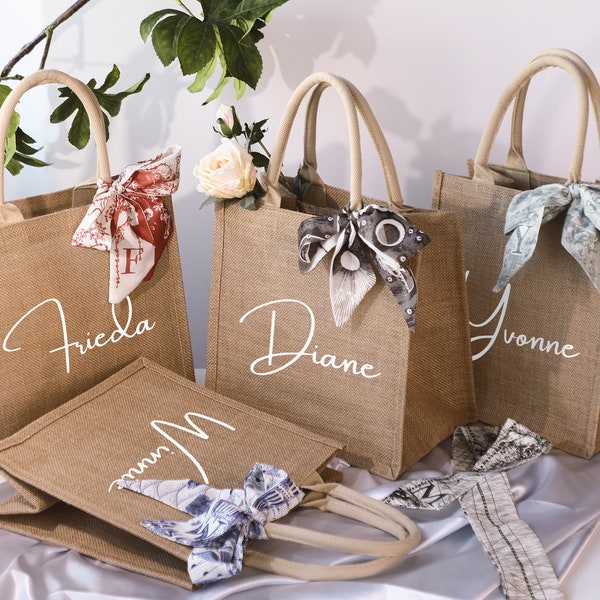 Personalisierte Sackleinen-Geschenktasche, Brautjungfern-Einkaufstasche, Strandtasche, personalisierte Jutetasche für Brautjungfer, Sackleinen-Tasche mit Namen, Brautparty-Geschenk