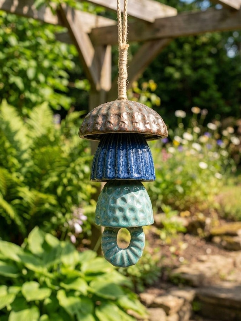 Peut inclure: Un carillon &eacute;olien en c&eacute;ramique suspendu compos&eacute; de quatre pi&egrave;ces empil&eacute;es en forme de cloche dans des tons vari&eacute;s de brun, bleu fonc&eacute; et turquoise clair. Les pi&egrave;ces pr&eacute;sentent des surfaces textur&eacute;es et sont suspendues par une corde en jute.