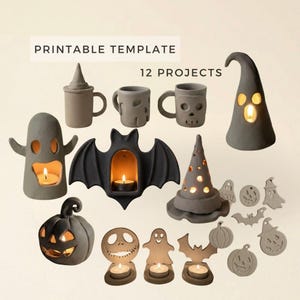 May include: A printable template for 12 projects featuring gray clay-style Halloween decorations including ghost, bat, pumpkin, and skull-themed tea light holders, mugs, and small hanging ornaments with cut-out details and warm glowing lights.
