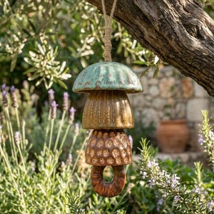 Peut inclure: Un carillon &eacute;olien en c&eacute;ramique suspendu compos&eacute; de quatre &eacute;l&eacute;ments empil&eacute;s : un large chapeau turquoise, une section centrale brune nervur&eacute;e, une cloche brune textur&eacute;e avec des creux circulaires et un anneau brun &agrave; la base, le tout suspendu par une corde en jute.
