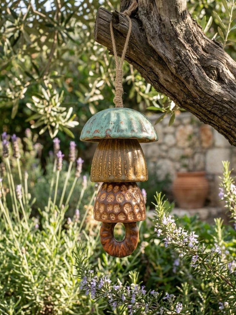 Peut inclure: Un carillon &eacute;olien en c&eacute;ramique suspendu compos&eacute; de quatre &eacute;l&eacute;ments empil&eacute;s : un large chapeau turquoise, une section centrale brune nervur&eacute;e, une cloche brune textur&eacute;e avec des creux circulaires et un anneau brun &agrave; la base, le tout suspendu par une corde en jute.