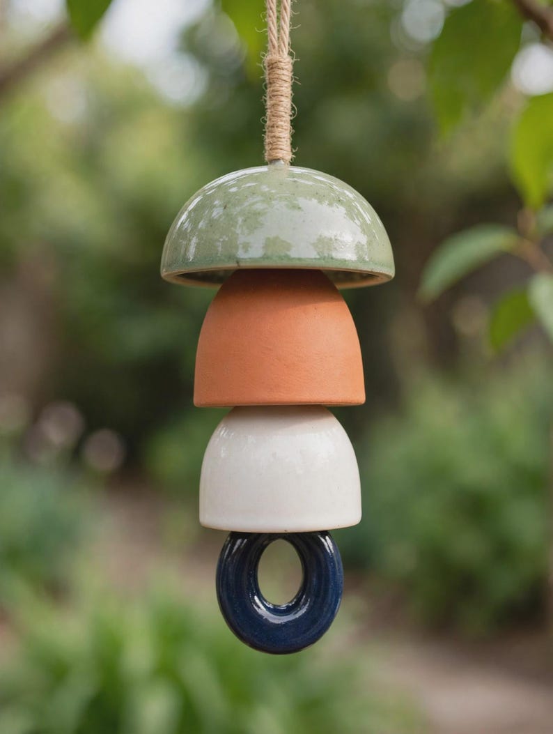 Peut inclure: Un carillon &eacute;olien en c&eacute;ramique suspendu par une corde de jute, compos&eacute; de quatre &eacute;l&eacute;ments empil&eacute;s. La pi&egrave;ce sup&eacute;rieure est un d&ocirc;me vert sauge brillant, suivi d'un bol en terre cuite mat, d'un bol cr&egrave;me brillant et d'un anneau bleu marine.