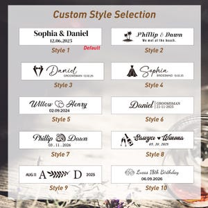 May include: A Custom Style Selection chart displaying ten distinct engraving templates. Each rectangular box features unique combinations of names, dates, and graphic icons such as palm trees, a tuxedo, a dress, hearts, rings, champagne, and beer mugs.