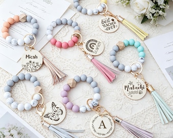 Custom Silicone Wristlet, Personalized Bracelet Keychain, Beaded Wristlet, Holiday Gift, Mother's Day Gift, Bridesmaid Gift
