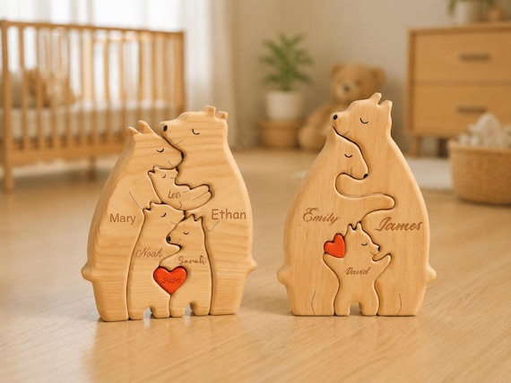 A laser-cut wooden bear family puzzle where each 'bear' represents a family member — a tactile, displayable keepsake that's genuinely sweet and not just a flat print.