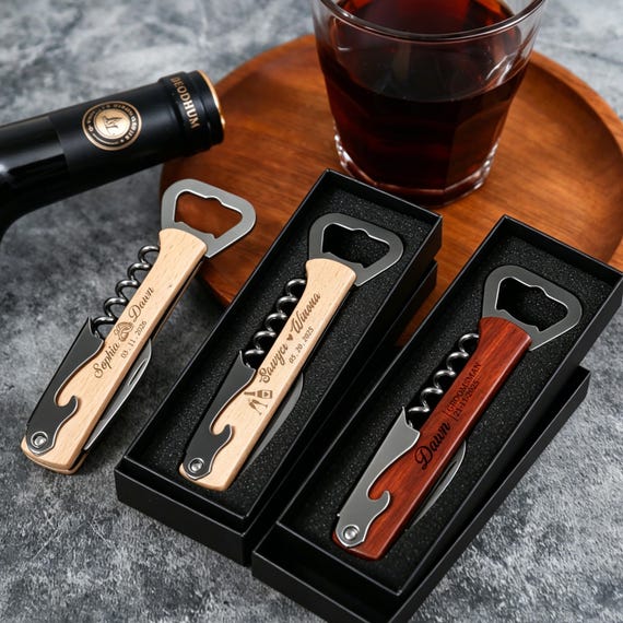 Personalized Wooden Bottle Opener, Custom Wine Opener With Box, Best Man Gift, Groomsmen Gift, Reception Party Gift, Wedding Favor