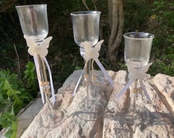 lot de 3 bougeoirs en verre décorés