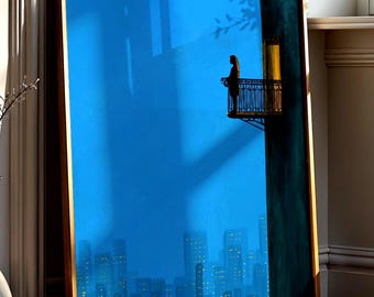 City dreamer | Silhouette On A Balcony At Night | Poster Print | Night skyline digital painting | Modern wall art