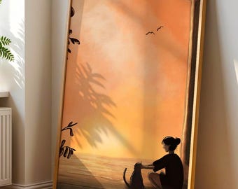 Golden Hour | Girl And Cat On A Porch At Sunset | Poster Print | Warm digital painting | Modern wall art