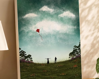 Let It Fly | Couple in a wildflower meadow | Canvas Print | Red kite romantic art | Modern wall art