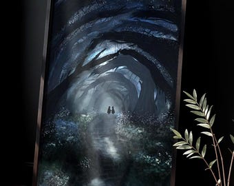 Enchanted Forest Path | Two figures in a dark fantasy woodland | Poster Print | Digital art print | Modern wall art