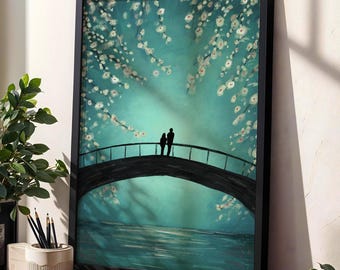 Bathing in Blue | Couple on Bridge | Poster Print | Warm digital painting | Modern wall art