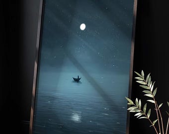 Lost At Sea | Solitary Figure On A Moonlit Night | Poster Print | Dark teal digital painting | Modern wall art